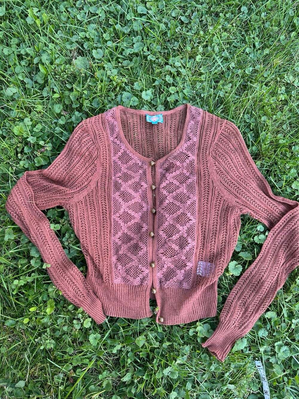 Plenty By Tracy Reese Cardigan Size L Rose Brown Lace Knit Sweater